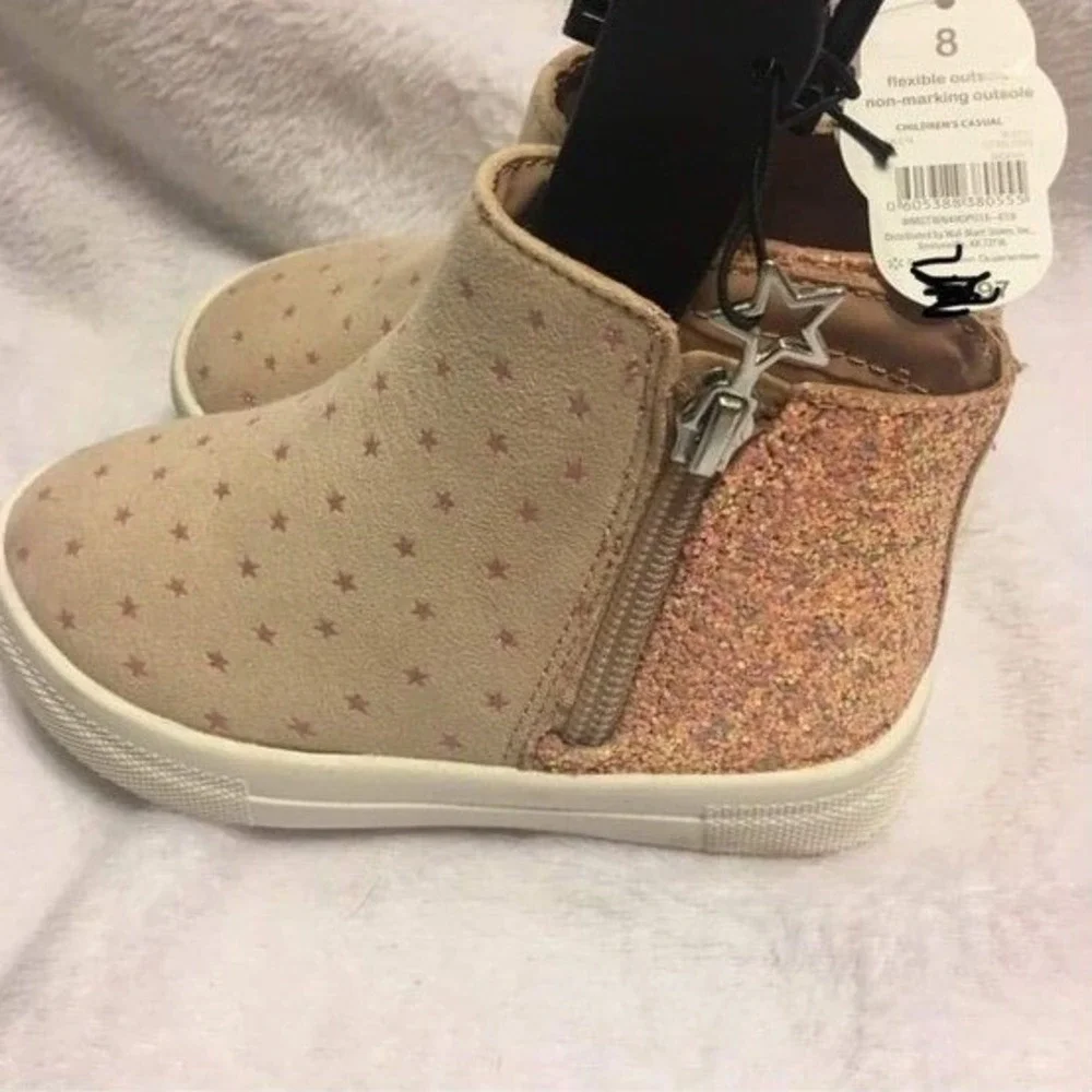 Wonder Nation Star Print Ankle Boots Kids Size 11 Tan Rose Gold NEW Glitter‎